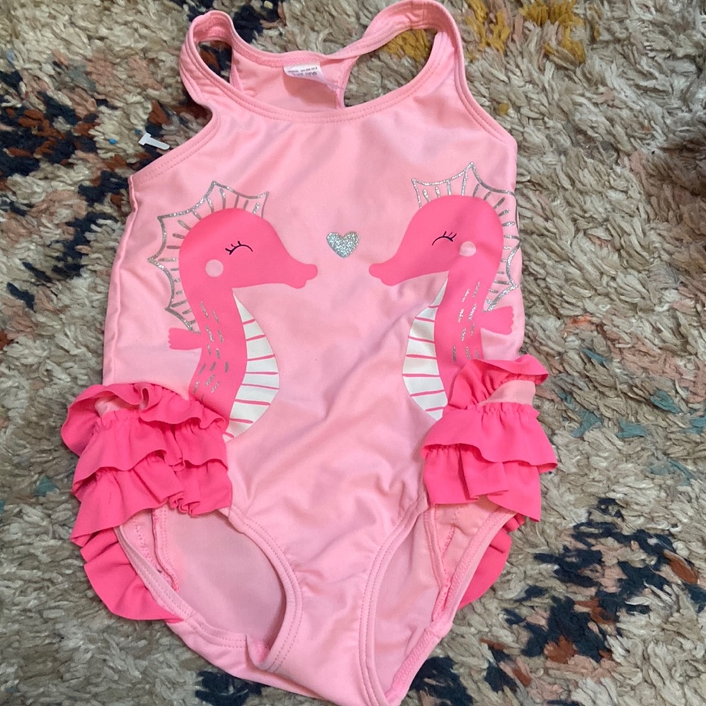 Pink seahorse bathing suit sized 2t